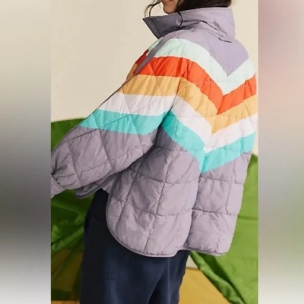 Free People Pippa striped Packable PufferJacket Steel Peach Combo - Picture 2 of 10